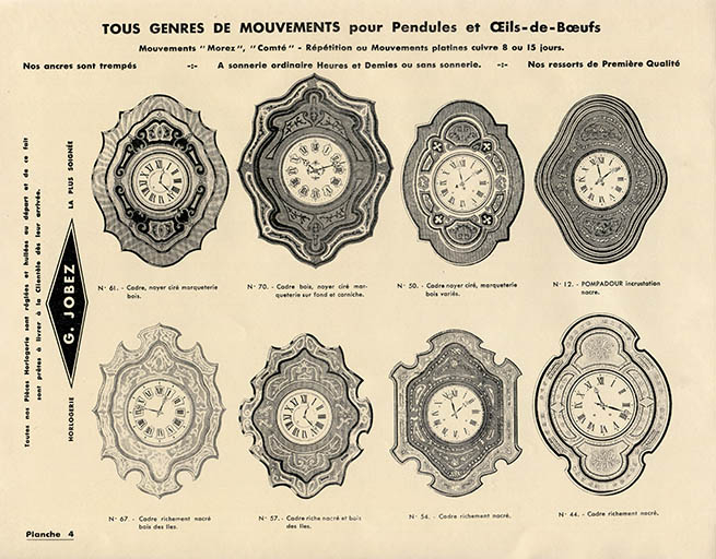 Manufacture d'horlogerie en tous genres [...] G. Jobez succ[esseu]r à Morez (Jura) France [catalogue de production, pl. 4], 1931. © Laurent Poupard / Région Bourgogne-Franche-Comté, Inventaire du patrimoine - 2020