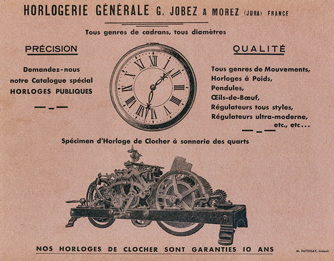 Manufacture d'horlogerie en tous genres [...] G. Jobez succ[esseu]r à Morez (Jura) France [catalogue de production, 4e de couverture, 1931. © Laurent Poupard / Région Bourgogne-Franche-Comté, Inventaire du patrimoine - 2020