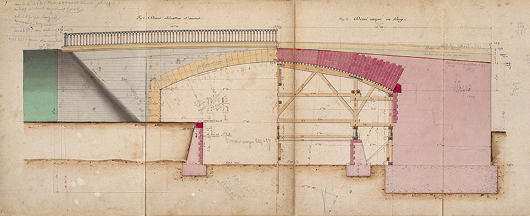 Amélioration du cours de la Saône entre Port-sur-Saône, construction de la dérivation de Port-sur-Saône - pont sur la dérivation (1876) : demi-coupe. © Jérôme Mongreville, Service du canal de l'Est / Région Bourgogne-Franche-Comté, Inventaire du patrimoine - 2020 Amélioration du cours de la Saône entre Port-sur-Saône, construction de la dérivation de Port-sur-Saône - pont sur la dérivation (1876) : demi-coupe. © Jérôme Mongreville, Service du canal de l'Est / Région Bourgogne-Franche-Comté, Inventaire du patrimoine - 2020