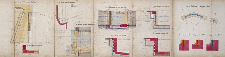 Construction du barrage mobile et de la seconde porte de garde de St-Albin - Seconde porte, élévation, coupes et plans (1876). © Jérôme Mongreville, Gustave Bouvaist / Région Bourgogne-Franche-Comté, Inventaire du patrimoine - 2020 Construction du barrage mobile et de la seconde porte de garde de St-Albin - Seconde porte, élévation, coupes et plans (1876). © Jérôme Mongreville, Gustave Bouvaist / Région Bourgogne-Franche-Comté, Inventaire du patrimoine - 2020