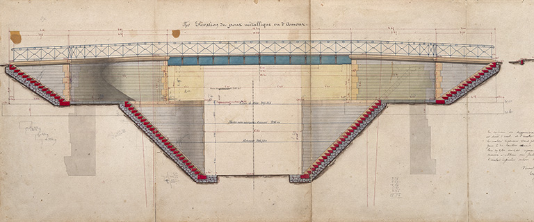 Réfection de la première porte de garde de la dérivation de St-Albin - Plans, élévation, coupes et détails des maçonneries de la porte de garde et du pont (1876) : élévation du pont métallique en amont. © Jérôme Mongreville, Gustave Bouvaist / Région Bourgogne-Franche-Comté, Inventaire du patrimoine - 2020 Réfection de la première porte de garde de la dérivation de St-Albin - Plans, élévation, coupes et détails des maçonneries de la porte de garde et du pont (1876) : élévation du pont métallique en amont. © Jérôme Mongreville, Gustave Bouvaist / Région Bourgogne-Franche-Comté, Inventaire du patrimoine - 2020
