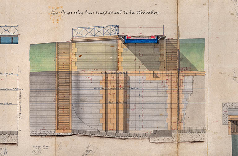 Réfection de la première porte de garde de la dérivation de St-Albin - Plans, élévation, coupes et détails des maçonneries de la porte de garde et du pont (1876) : coupe selon l'axe longitudinal de la dérivation. © Jérôme Mongreville, Gustave Bouvaist / Région Bourgogne-Franche-Comté, Inventaire du patrimoine - 2020 Réfection de la première porte de garde de la dérivation de St-Albin - Plans, élévation, coupes et détails des maçonneries de la porte de garde et du pont (1876) : coupe selon l'axe longitudinal de la dérivation. © Jérôme Mongreville, Gustave Bouvaist / Région Bourgogne-Franche-Comté, Inventaire du patrimoine - 2020