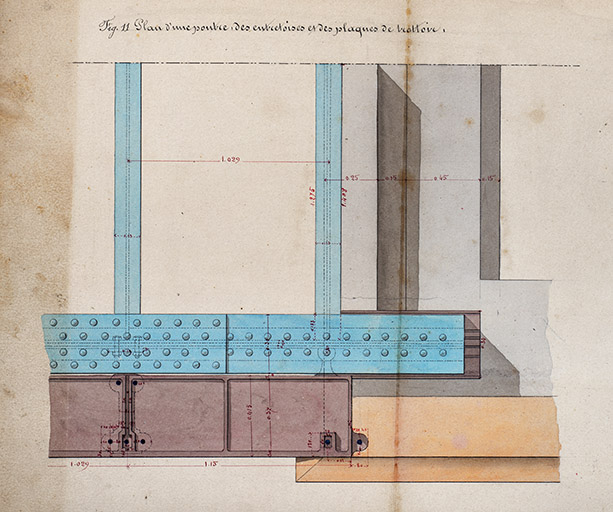 Réfection de la première porte de garde de la dérivation de St-Albin - Plans, élévation, coupes et détails des maçonneries de la porte de garde et du pont (1876) : plan d'une poutre, des entretoises et des plaques de trottoirs. © Jérôme Mongreville, Gustave Bouvaist / Région Bourgogne-Franche-Comté, Inventaire du patrimoine - 2020 Réfection de la première porte de garde de la dérivation de St-Albin - Plans, élévation, coupes et détails des maçonneries de la porte de garde et du pont (1876) : plan d'une poutre, des entretoises et des plaques de trottoirs. © Jérôme Mongreville, Gustave Bouvaist / Région Bourgogne-Franche-Comté, Inventaire du patrimoine - 2020