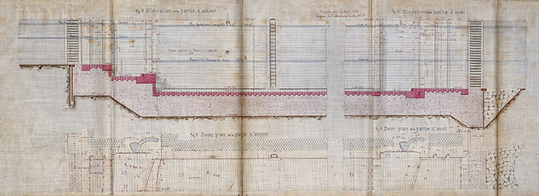 Bief de Chantes. Construction d'une dérivation éclusée, d'un barrage mobile et d'un chemin de halage - Écluse à sas : plans, coupes, élévations et détails (1878).  © Jérôme Mongreville, Gustave Bouvaist / Région Bourgogne-Franche-Comté, Inventaire du patrimoine - 2020 Bief de Chantes. Construction d'une dérivation éclusée, d'un barrage mobile et d'un chemin de halage - Écluse à sas : plans, coupes, élévations et détails (1878).  © Jérôme Mongreville, Gustave Bouvaist / Région Bourgogne-Franche-Comté, Inventaire du patrimoine - 2020
