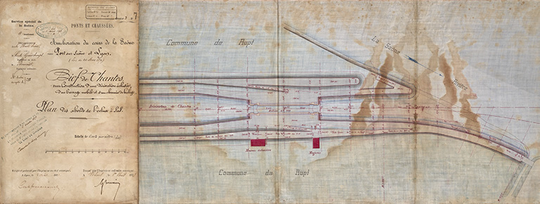 Bief de Chantes. Construction d'une dérivation éclusée, d'un barrage mobile et d'un chemin de halage - Plan des abords de l'écluse à sas (1878). © Jérôme Mongreville, Gustave Bouvaist / Région Bourgogne-Franche-Comté, Inventaire du patrimoine - 2020 Bief de Chantes. Construction d'une dérivation éclusée, d'un barrage mobile et d'un chemin de halage - Plan des abords de l'écluse à sas (1878). © Jérôme Mongreville, Gustave Bouvaist / Région Bourgogne-Franche-Comté, Inventaire du patrimoine - 2020