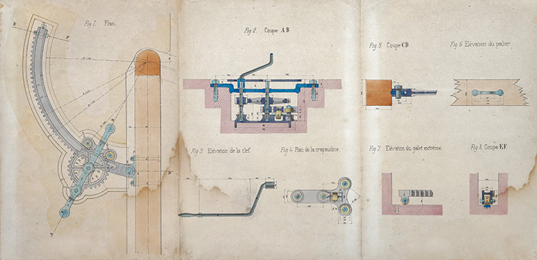 Bief de Chantes. Construction d'une dérivation éclusée, d'un barrage mobile et d'un chemin de halage - Ecluse à sas, détails de l'appareil de manoeuvre des portes (1878).  © Jérôme Mongreville, Gustave Bouvaist / Région Bourgogne-Franche-Comté, Inventaire du patrimoine - 2020 Bief de Chantes. Construction d'une dérivation éclusée, d'un barrage mobile et d'un chemin de halage - Ecluse à sas, détails de l'appareil de manoeuvre des portes (1878).  © Jérôme Mongreville, Gustave Bouvaist / Région Bourgogne-Franche-Comté, Inventaire du patrimoine - 2020