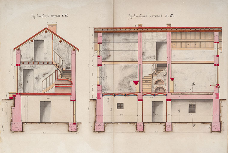 Bief de Chantes. Construction d'une dérivation éclusée, d'un barrage mobile et d'un chemin de halage - Maisons éclusières, plans, coupes, élévation et détails (1878) : vues en coupe. © Jérôme Mongreville, Gustave Bouvaist / Région Bourgogne-Franche-Comté, Inventaire du patrimoine - 2020 Bief de Chantes. Construction d'une dérivation éclusée, d'un barrage mobile et d'un chemin de halage - Maisons éclusières, plans, coupes, élévation et détails (1878) : vues en coupe. © Jérôme Mongreville, Gustave Bouvaist / Région Bourgogne-Franche-Comté, Inventaire du patrimoine - 2020