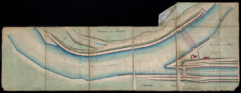 Bief de Chantes - Plan des abords de la porte de garde et du barrage (1878).  © Jérôme Mongreville, Gustave Bouvaist / Région Bourgogne-Franche-Comté, Inventaire du patrimoine - 2020