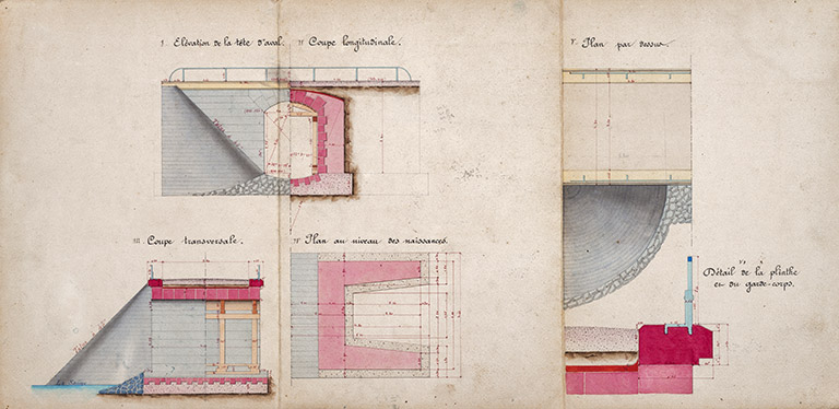 Bief de Chantes - Construction d'une dérivation éclusée, d'un barrage mobile et d'un chemin de halage. Ponceau sur le ruisseau de la Fontaine (1878) : Plans, coupes, élévations et détails. © Jérôme Mongreville, Gustave Bouvaist / Région Bourgogne-Franche-Comté, Inventaire du patrimoine - 2020