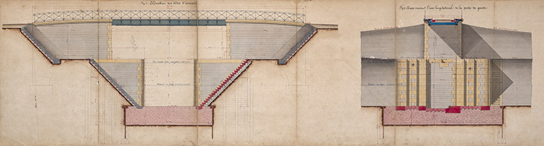 Bief de Soing - Construction de la coupure de Cubry, de la dérivation éclusée de Soing et d'un chemin de halage - Seconde porte de garde de Cubry avec pont (1878) : élévation des têtes d'amont et coupe suivant l'axe longitudinal de la porte de garde. © Jérôme Mongreville / Région Bourgogne-Franche-Comté, Inventaire du patrimoine - 2020 Bief de Soing - Construction de la coupure de Cubry, de la dérivation éclusée de Soing et d'un chemin de halage - Seconde porte de garde de Cubry avec pont (1878) : élévation des têtes d'amont et coupe suivant l'axe longitudinal de la porte de garde. © Jérôme Mongreville / Région Bourgogne-Franche-Comté, Inventaire du patrimoine - 2020