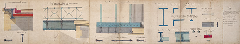 Bief de Soing - Construction de la coupure de Cubry, de la dérivation éclusée de Soing et d'un chemin de halage - Seconde porte de garde de Cubry avec pont (1878) : détail du garde-corps, plan d'une poutre, des entretoises et des plaques de trottoir. © Jérôme Mongreville / Région Bourgogne-Franche-Comté, Inventaire du patrimoine - 2020 Bief de Soing - Construction de la coupure de Cubry, de la dérivation éclusée de Soing et d'un chemin de halage - Seconde porte de garde de Cubry avec pont (1878) : détail du garde-corps, plan d'une poutre, des entretoises et des plaques de trottoir. © Jérôme Mongreville / Région Bourgogne-Franche-Comté, Inventaire du patrimoine - 2020