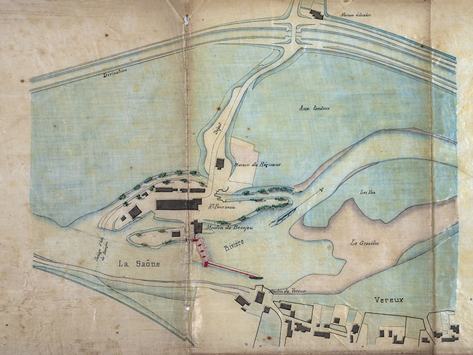Achèvement du bief de Véreux - Exhaussement du barrage de Véreux (1881) : plan général. © Jérôme Mongreville / Région Bourgogne-Franche-Comté, Inventaire du patrimoine - 2020 Achèvement du bief de Véreux - Exhaussement du barrage de Véreux (1881) : plan général. © Jérôme Mongreville / Région Bourgogne-Franche-Comté, Inventaire du patrimoine - 2020