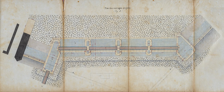 Achèvement du bief de Véreux - Exhaussement du barrage de Véreux (1881) : plan des ouvrages projetés. © Jérôme Mongreville / Région Bourgogne-Franche-Comté, Inventaire du patrimoine - 2020 Achèvement du bief de Véreux - Exhaussement du barrage de Véreux (1881) : plan des ouvrages projetés. © Jérôme Mongreville / Région Bourgogne-Franche-Comté, Inventaire du patrimoine - 2020
