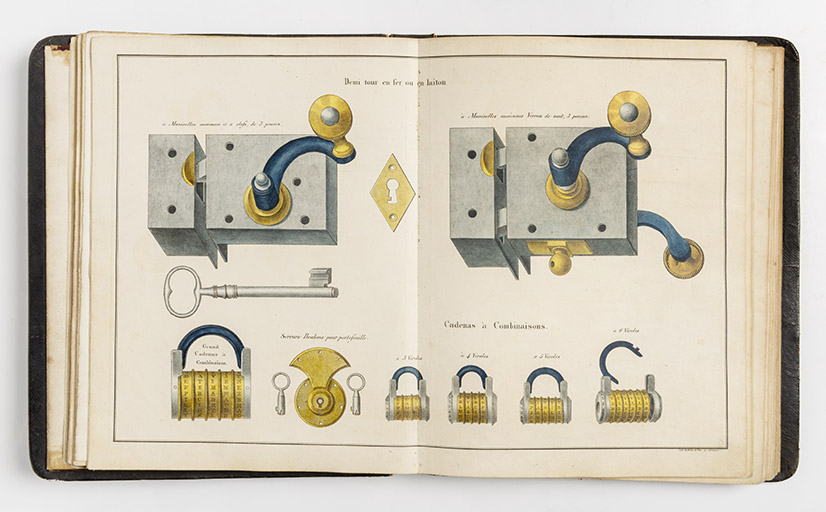 [Serrures à] Demi tour en fer ou en laiton [et] Cadenas à combinaisons [planche de catalogue], 1835. © Sonia Dourlot / Région Bourgogne-Franche-Comté, Inventaire du patrimoine - 2020