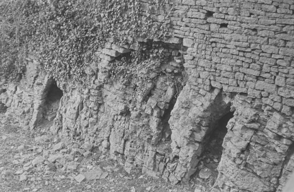 Enceinte : l'extérieur. Détail : appareil et dégradations (photo prise en 1969). © Région Bourgogne-Franche-Comté, Inventaire du patrimoine Enceinte : l'extérieur. Détail : appareil et dégradations (photo prise en 1969). © Région Bourgogne-Franche-Comté, Inventaire du patrimoine