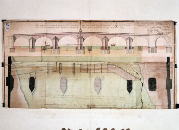 Dernier projet de Jacques Gabriel (30 mars 1731) après l'effondrement de son premier pont le 20 juin 1731, projet de batardeau et emplacement des anciennes piles. © Région Bourgogne-Franche-Comté, Inventaire du patrimoine Dernier projet de Jacques Gabriel (30 mars 1731) après l'effondrement de son premier pont le 20 juin 1731, projet de batardeau et emplacement des anciennes piles. © Région Bourgogne-Franche-Comté, Inventaire du patrimoine