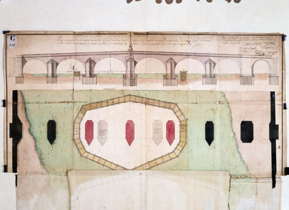 Dernier projet de Jacques Gabriel (30 juin 1731), projet de batardeau avec les anciennes et les nouvelles piles sur feuille de retombe. © Région Bourgogne-Franche-Comté, Inventaire du patrimoine