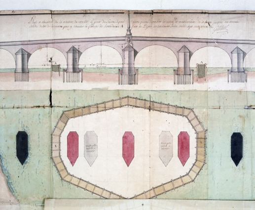 Dernier projet de Jacques Gabriel (30 juin 1731), projet de batardeau avec les anciennes et les nouvelles piles sur feuille de retombe, détail. © Région Bourgogne-Franche-Comté, Inventaire du patrimoine Dernier projet de Jacques Gabriel (30 juin 1731), projet de batardeau avec les anciennes et les nouvelles piles sur feuille de retombe, détail. © Région Bourgogne-Franche-Comté, Inventaire du patrimoine