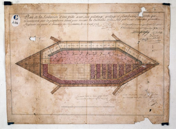 Projet de Jacques Gabriel (12 avril 1724) : plan de la fondation d'une pile. © Région Bourgogne-Franche-Comté, Inventaire du patrimoine