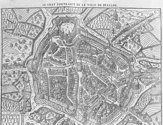 "Le vray portraict de la ville de Beaulne", extrait de "De l'origine des Bourgongnons et Antiquités des Estats de Bourgogne" par Pierre de Saint-Julien, publié à Paris chez Nicolas Chesneau en 1581. Ce plan a été publié pour la première fois en 1575 par François de Belleforest dans La cosmographie universelle de tout le monde [...] auteur en partie Munster, mais beaucoup plus augmentée, ornée et enrichie [...]. C'est le plus ancien plan connu de Beaune, qui sera repris sous une forme abâtardie jusqu'au milieu du 18e siècle. © Région Bourgogne-Franche-Comté, Inventaire du patrimoine