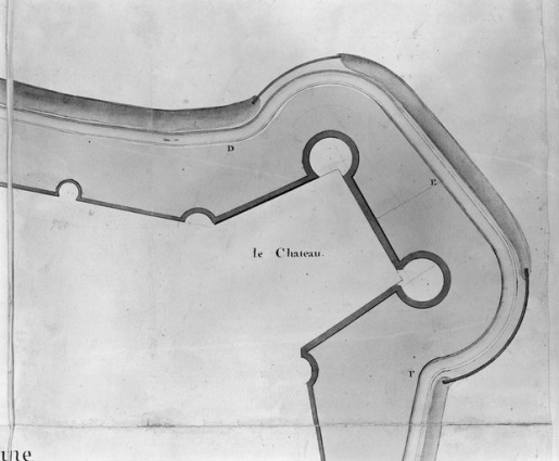 Plan de l'enceinte de Beaune levé en 1785 par François Pourcher, détail : le château. © Région Bourgogne-Franche-Comté, Inventaire du patrimoine Plan de l'enceinte de Beaune levé en 1785 par François Pourcher, détail : le château. © Région Bourgogne-Franche-Comté, Inventaire du patrimoine