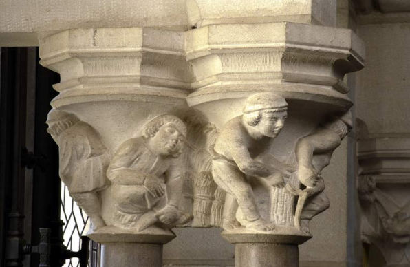 Bâtiment du réfectoire : réfectoire néo-gothique, chapiteaux historiés (devant la fenêtre nord-est), semailles, moisson. © Région Bourgogne-Franche-Comté, Inventaire du patrimoine Bâtiment du réfectoire : réfectoire néo-gothique, chapiteaux historiés (devant la fenêtre nord-est), semailles, moisson. © Région Bourgogne-Franche-Comté, Inventaire du patrimoine