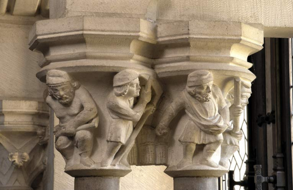 Bâtiment du réfectoire : réfectoire néo-gothique, chapiteaux historiés (devant la fenêtre nord-est), semailles, moisson. © Région Bourgogne-Franche-Comté, Inventaire du patrimoine Bâtiment du réfectoire : réfectoire néo-gothique, chapiteaux historiés (devant la fenêtre nord-est), semailles, moisson. © Région Bourgogne-Franche-Comté, Inventaire du patrimoine