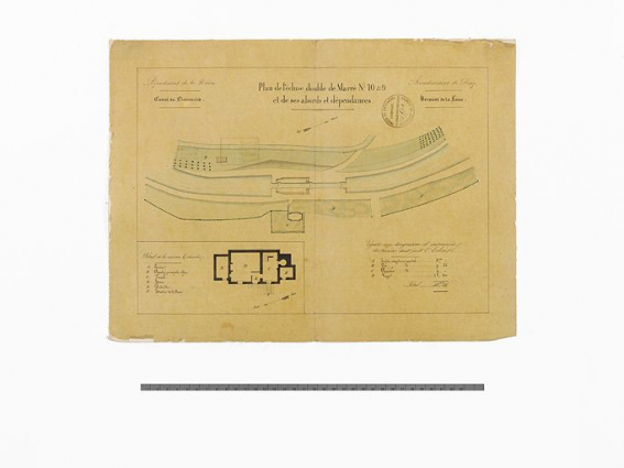 "Plan de l'écluse double de Marré n°10 & 9 et de ses abords et dépendances". Plan général du site d'écluse et détail de la maison éclusière. (Plan aquarellé ; 41,5 x 30,5 cm, Archives VNF-direction territoriale Centre-Bourgogne ; subdivision de Corbigny) © Région Bourgogne-Franche-Comté, Inventaire du patrimoine "Plan de l'écluse double de Marré n°10 & 9 et de ses abords et dépendances". Plan général du site d'écluse et détail de la maison éclusière. (Plan aquarellé ; 41,5 x 30,5 cm, Archives VNF-direction territoriale Centre-Bourgogne ; subdivision de Corbigny) © Région Bourgogne-Franche-Comté, Inventaire du patrimoine
