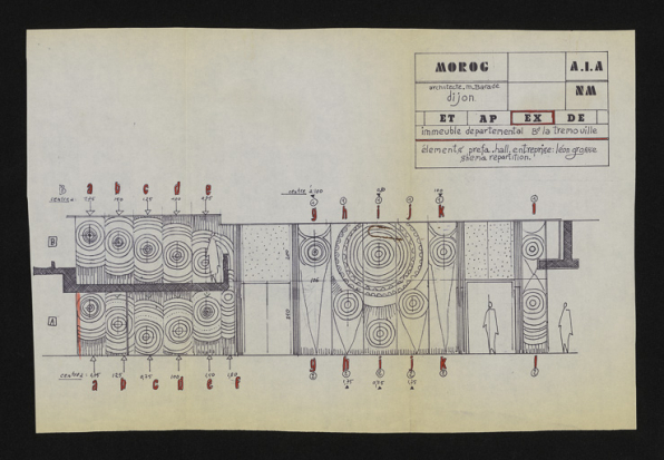 Elévation du mur est du hall d'entrée : schéma de répartition des panneaux moulés en béton, s.d., ca 1980. Boyer, Michel (architecte d'intérieur) (Archives départementales de la Côte-d'Or, Dijon, 32 J 82) © CD21/F.PETOT/2014 Elévation du mur est du hall d'entrée : schéma de répartition des panneaux moulés en béton, s.d., ca 1980. Boyer, Michel (architecte d'intérieur) (Archives départementales de la Côte-d'Or, Dijon, 32 J 82) © CD21/F.PETOT/2014