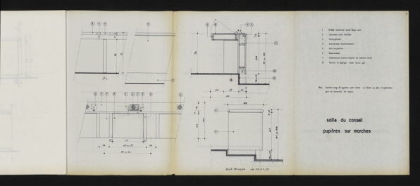 Carnet de détails et principes - salle du conseil : pupitres sur marche, 3 janvier 1979. Boyer, Michel (architecte d'intérieur) (Archives départementales de la Côte-d'Or, Dijon, 32 J 106) © CD21/F.PETOT/2014