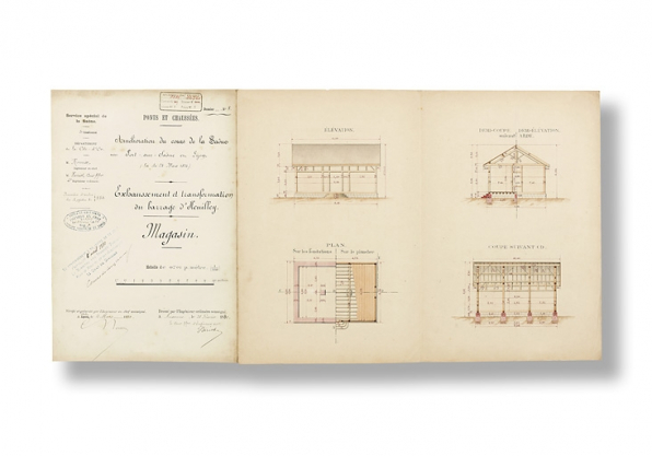 Exhaussement et transformation du barrage d'Heuilley. Magasin. [Plan, coupe et élévation] 1880. © Région Bourgogne-Franche-Comté, Inventaire du patrimoine