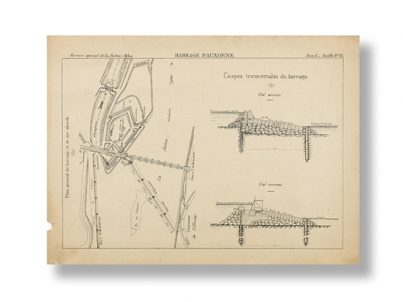 Barrage d'Auxonne. Plan général du barrage et de ses abords. Coupes. 1886. © Région Bourgogne-Franche-Comté, Inventaire du patrimoine