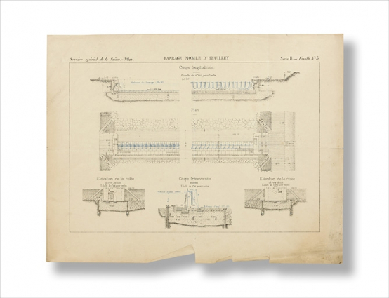 Barrage mobile d'Heuilley. Plan, coupe et élévation. 1886. © Région Bourgogne-Franche-Comté, Inventaire du patrimoine