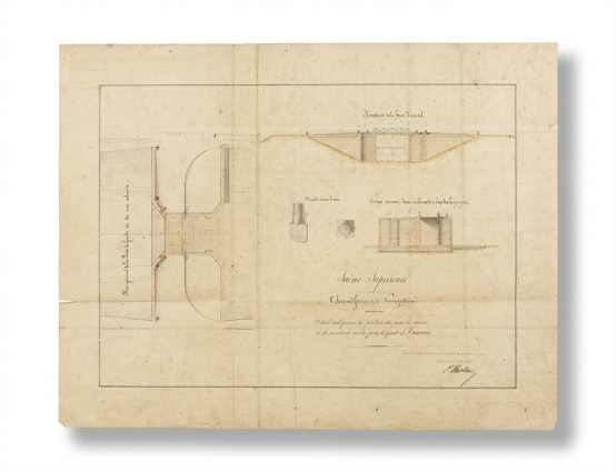 Détails indiquant la position du pont de service et de ses abords sur la porte de garde d'Auxonne. [Plan général, coupe et élévation]. 26 mars 1842. © Région Bourgogne-Franche-Comté, Inventaire du patrimoine