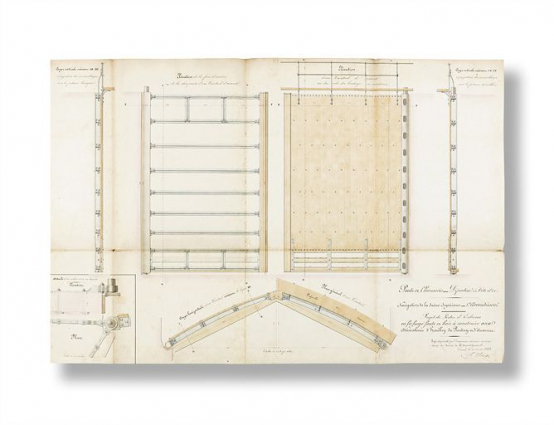 "Projet de Portes d'Ecluses en fer forgé fonte et bois à construire aux dérivations d'Heuilley de Pontcey et d'Auxonne". Plan, coupe et élévation. © Région Bourgogne-Franche-Comté, Inventaire du patrimoine "Projet de Portes d'Ecluses en fer forgé fonte et bois à construire aux dérivations d'Heuilley de Pontcey et d'Auxonne". Plan, coupe et élévation. © Région Bourgogne-Franche-Comté, Inventaire du patrimoine