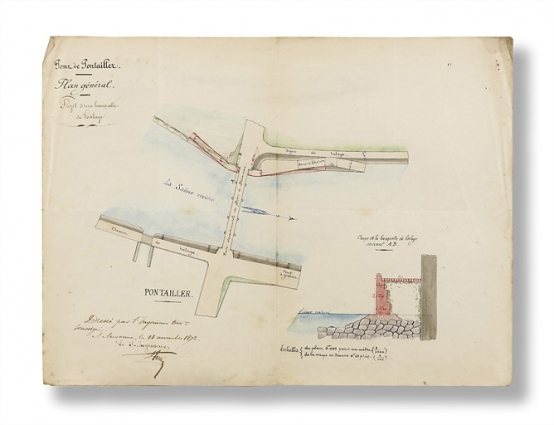 Pont de Pontailler. Plan général. Projet d'une banquette de halage. [Le port à gradins et la cale double sont indiqués]. 1872. © Région Bourgogne-Franche-Comté, Inventaire du patrimoine