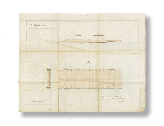 Dessin d'un bac à construire pour le passage de la Saône au Port-Saint-Pierre. [Plan, coupes et élévation]. 1849  © Région Bourgogne-Franche-Comté, Inventaire du patrimoine