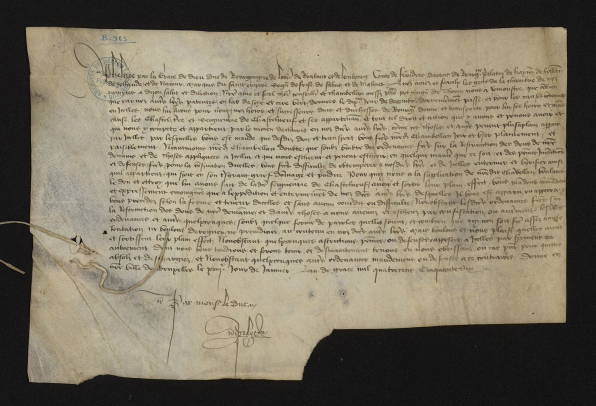 Document de Philippe le Bon aux gens de la Chambre des comptes à Dijon qui leur demande que, nonobstant la coutume de Bourgogne, ils remettent à Philippe Pot tous les documents concernant la possession de la châtellenie de Châteauneuf-en-Auxois.14 janvier 1457. © Archives départementales de la Côte-d'Or, Dijon Document de Philippe le Bon aux gens de la Chambre des comptes à Dijon qui leur demande que, nonobstant la coutume de Bourgogne, ils remettent à Philippe Pot tous les documents concernant la possession de la châtellenie de Châteauneuf-en-Auxois.14 janvier 1457. © Archives départementales de la Côte-d'Or, Dijon