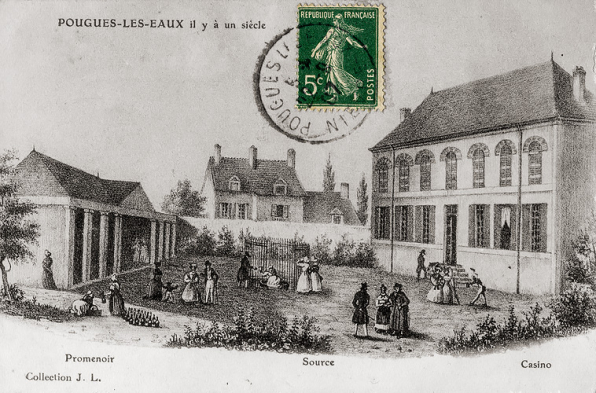 Abords de la source Saint-Léger entre le promenoir (à gauche) et le casino (à droite) dans la première moitié du 19e siècle. © Région Bourgogne-Franche-Comté, Inventaire du patrimoine