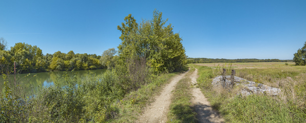 Le chemin de halage au niveau du ponceau : à droite le système de vannes sur la Raie du Grand Meix, à gauche, la Saône. © Région Bourgogne-Franche-Comté, Inventaire du patrimoine