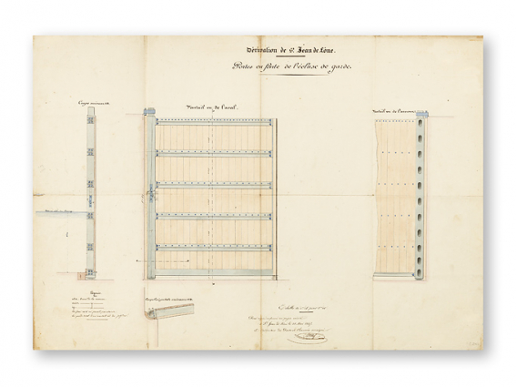 Portes en fonte de l'écluse de garde. Dessin daté du 28 mai 1847. © Région Bourgogne-Franche-Comté, Inventaire du patrimoine