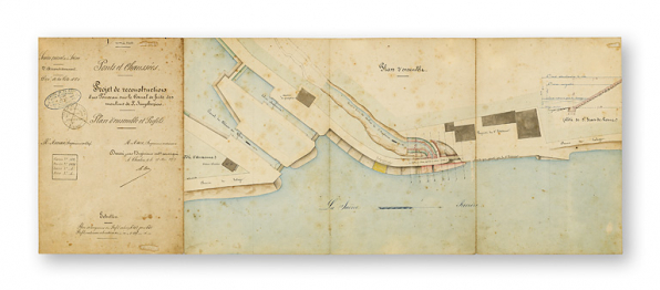 Projet de reconstruction d'un ponceau sur le canal de fuite des moulins de St-Symphorien. Plan d'ensemble et profils. Détail du plan d'ensemble. © Région Bourgogne-Franche-Comté, Inventaire du patrimoine