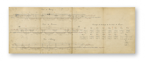 Ponts de Thorey, de Tournus et d'Uchizy. Elévations d'aval [du pont de Tournus]. Par Budker (conducteur). Dessin daté du 19 septembre 1899. © Région Bourgogne-Franche-Comté, Inventaire du patrimoine