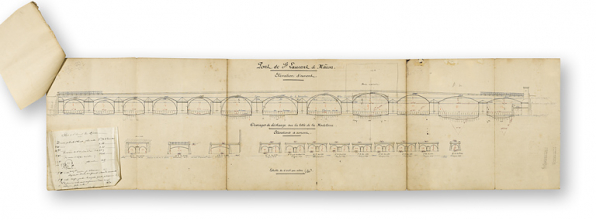 Pont de St Laurent à Mâcon et ouvrages de décharge sous la levée de la Madeleine. Élévations d'amont.  © Région Bourgogne-Franche-Comté, Inventaire du patrimoine