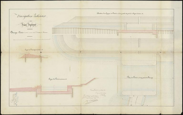 Barrage avec pertuis à construire en amont de la dérivation d'Auxonne. [Plan, coupe et élévation]. 1840. © CD21/F.PETOT/2020