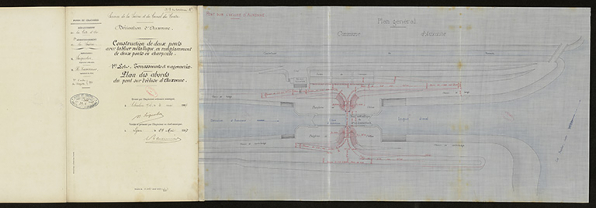 Construction de deux ponts avec tablier métallique en remplacement de deux ponts en charpente. Plan des abords du pont sur l'écluse d'Auxonne. 1907. © CD21/F.PETOT/2020
