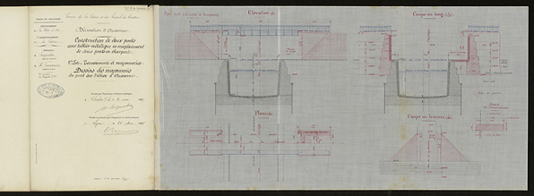 Construction de deux ponts avec tablier métallique en remplacement de deux ponts en charpente. Dessins des maçonneries du pont sur l'écluse d'Auxonne. 1907. © CD21/F.PETOT/2020