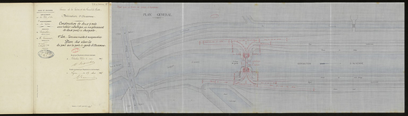 Construction de deux ponts avec tablier métallique en remplacement de deux ponts en charpente. Plan des abords du pont sur la porte de garde d'Auxonne.  1907. © CD21/F.PETOT/2020