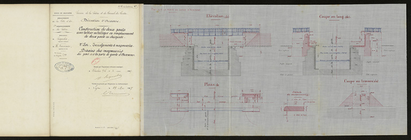 Construction de deux ponts avec tablier métallique en remplacement de deux ponts en charpente. Dessins des maçonneries du pont sur la porte de garde d'Auxonne. 1907. © CD21/F.PETOT/2020