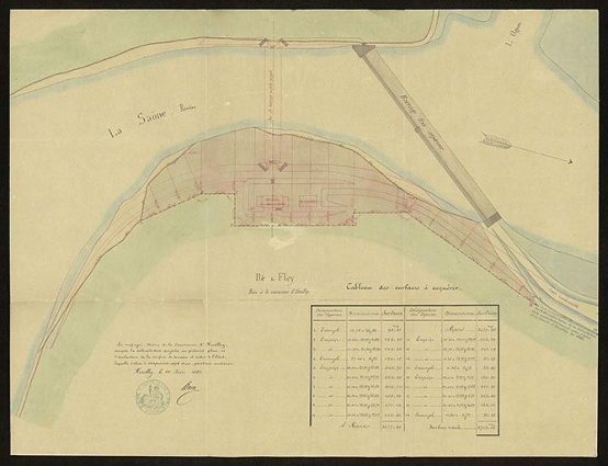 Acquisition de terrains sur l'île de Fley pour l'établissement de la maison, du magasin et des levées aux abords du barrage mobile. Plan des lieux. 1880. © CD21/F.PETOT/2020